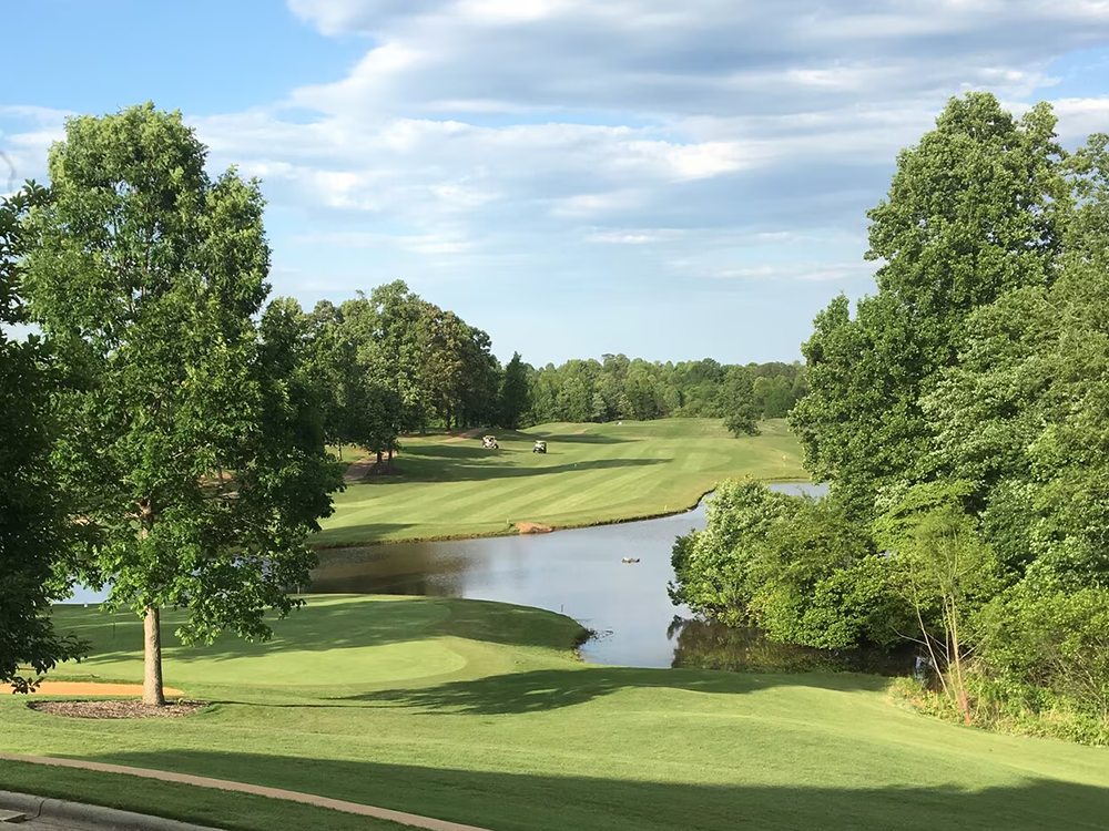 View of golf course with pond and trees